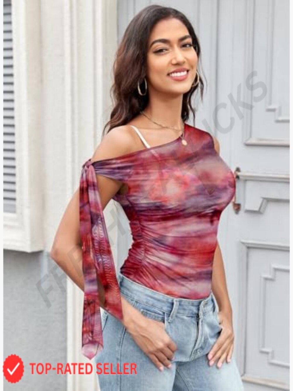 Mesh Sheer Off Shoulder Tops Asymmetric Self Tie Crop Blouse Going Out Tee - Picture 5 of 7